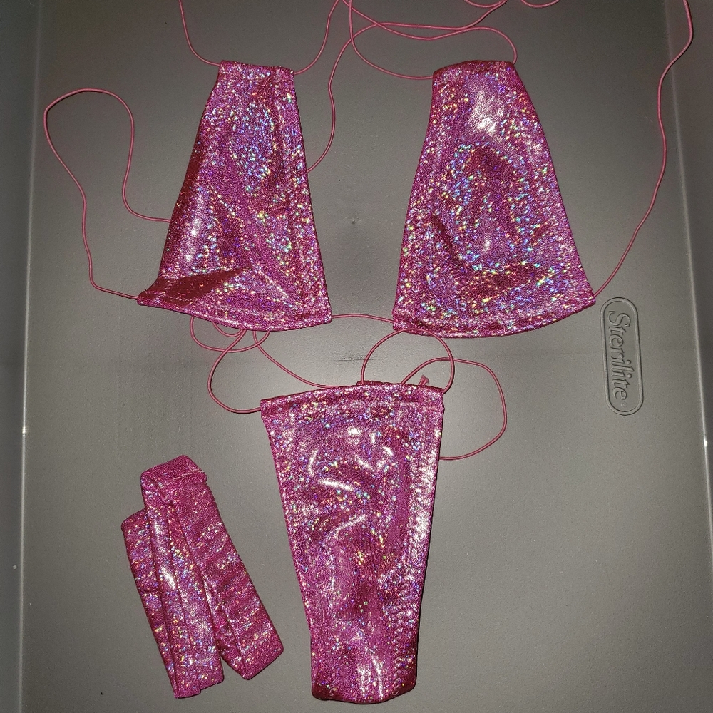 NWOT Sexy Skimpy Handmade Triangle Top Legal Thong Bottom Pink Glitter Bikini